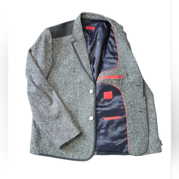 Eton Club Wool Blazer Gray Herringbone Black Contrast Shoulders Western Size 48R